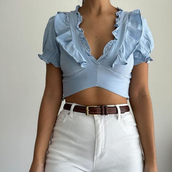Story On Tops - Coastal blue ruffled crop top